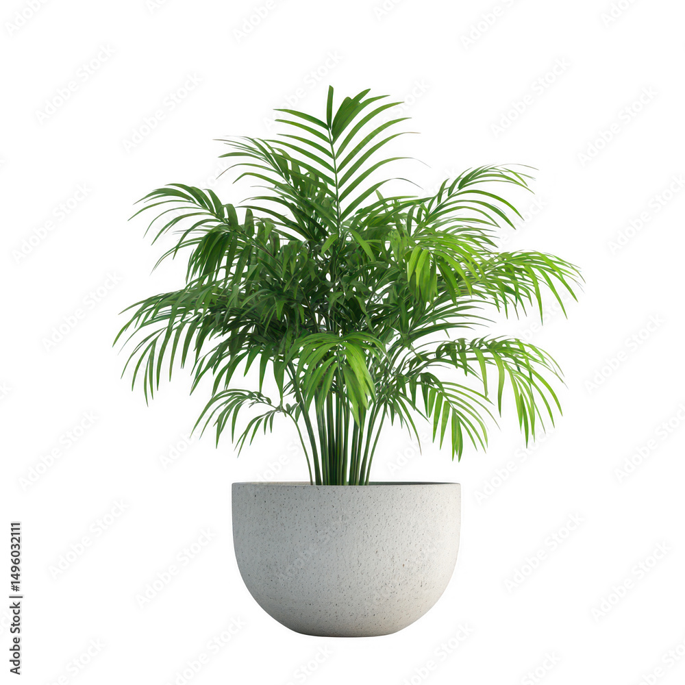 Obraz premium Potted palm tree in a white planter isolated on White Background