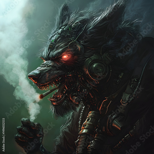 Black wolverine monster with red glowing eyes, smoking a large marijuana weed spliff isolated on a dark background