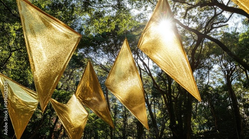 Golden party flags decorate the park