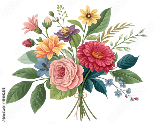 Bouquet with Plants and Leaves, Floral Design Element, Isolated PNG, Transparent Background