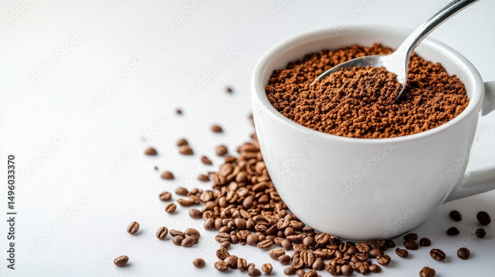 Instant granulated coffee spooned into white cup with hot coffee. Blank space available. Instant granulated coffee spooned into white cup with hot coffee. Blank space available.