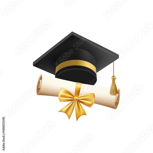 3d diploma scroll with graduate hat. Vintage roll paper