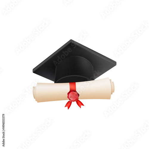 3d diploma scroll with graduate hat. Vintage roll paper