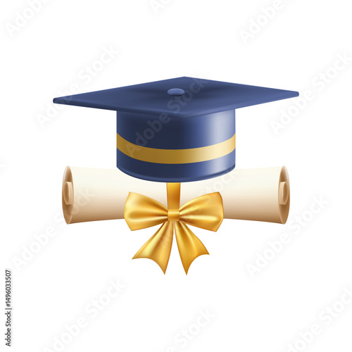 3d diploma scroll with graduate hat. Vintage roll paper