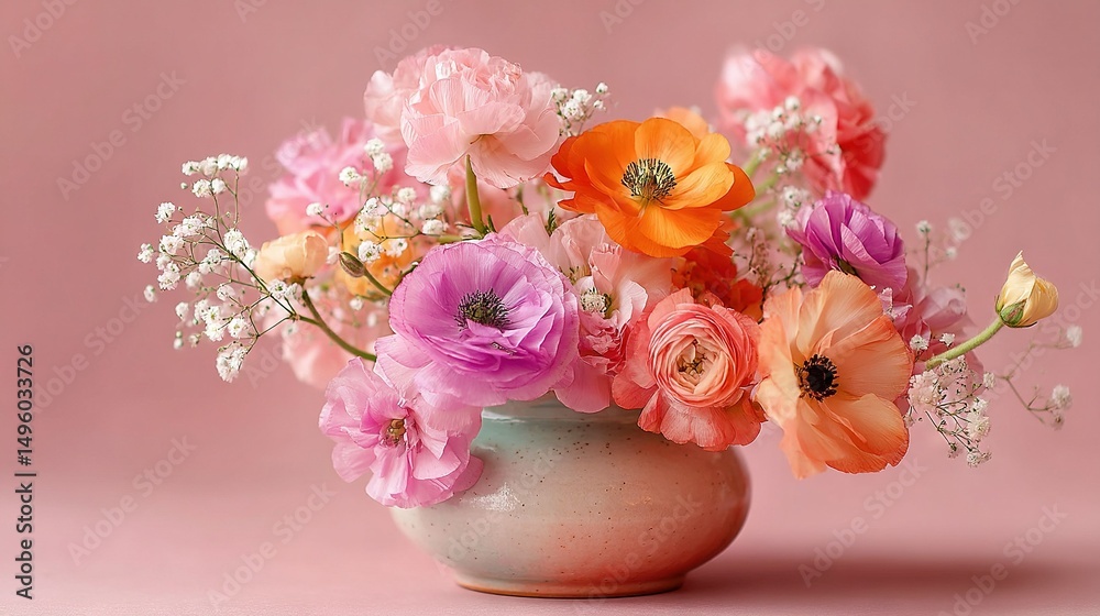 Obraz premium A vase filled with many flowers atop a pink surface, adorned with baby's breath