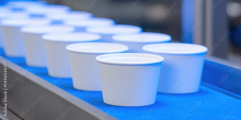 Fototapeta premium White cups are lined up on a blue conveyor belt in an industrial setting. Production, manufacturing, assembly, efficiency