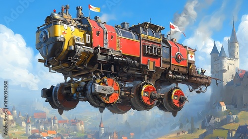 Flying steampunk train with fantasy landscape.