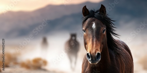 Majestic horse stands in a dusty landscape during sunset with blurred horses in the background