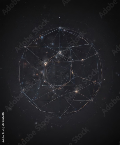 Geometric constellations, interconnected celestial bodies, dark background,  illustration,  stylish,  abstract