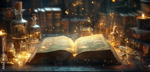 Mystical Open Book with Glowing Particles