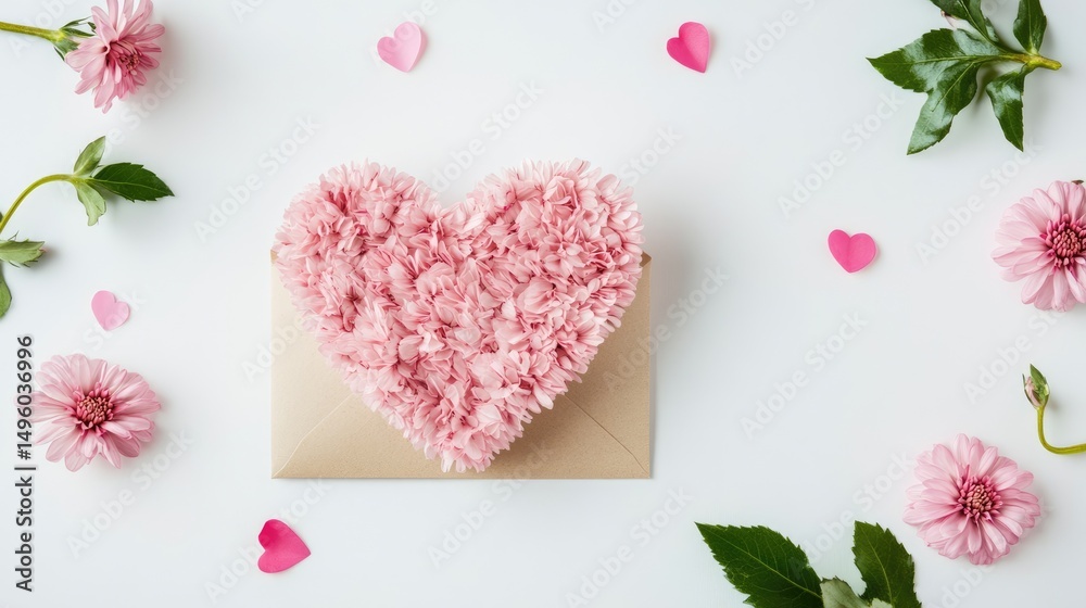 Obraz premium Pink flower heart and envelope on white backdrop. Valentine's Day concept. Flatlay view.