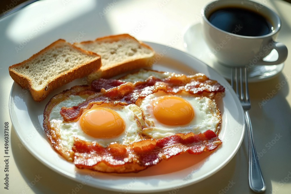 custom made wallpaper toronto digitalHomemade American breakfast. Scrambled eggs with bacon and toast, a cup of coffee and a fork on a white table. Healthy breakfast. The concept of healthy eating. Morning Sunlight