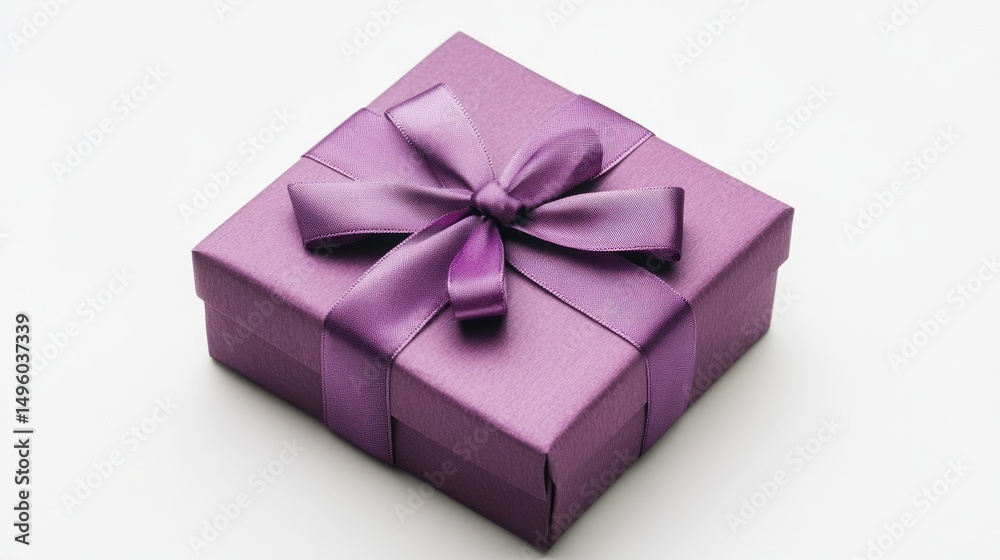 Obraz premium Purple gift box with satin ribbon, isolated on white background for spring celebrations.