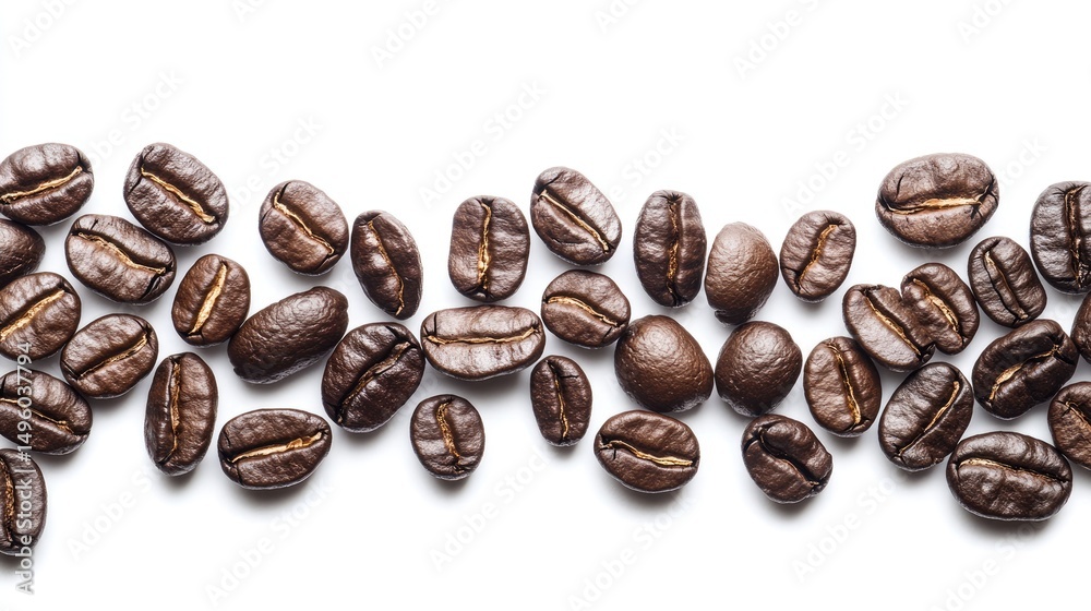 Fototapeta premium Roasted coffee beans close-up on white background with room for text.