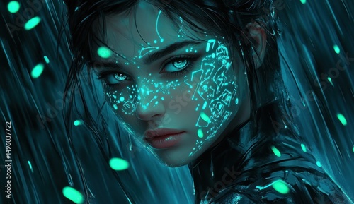 Enigmatic Cyberpunk Woman:  A Digital Portrait of Futuristic Beauty