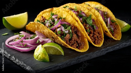 Vibrant colors abound on an elegant black slate surface as juicy beef tacos, filled with seasoned meat and topped with onions, jalapenos, and lime wedges, are showcased at a food festival