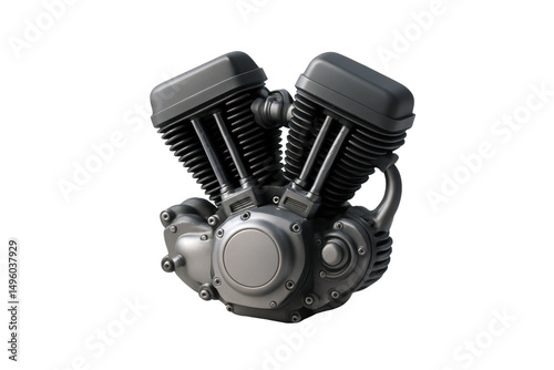 Classic matte black V twin motorcycle engine isolated on transparent background, viewed from front three quarter angle, png