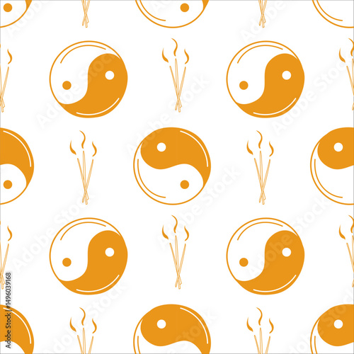 Seamless vector pattern with yin yang symbols and incense sticks. Minimalist design perfect for meditation, wellness, spirituality, packaging, or background decoration.