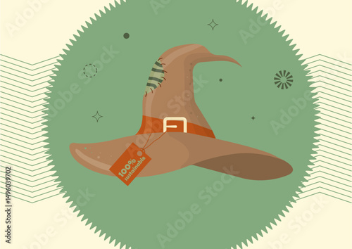 Sustainable Witch Hat with Recyclable Tag Illustration. Eco-friendly witch hat with 100% recyclable tag. Eco halloween concept. Eco-friendly halloween. Flat style. Vector illustration