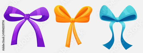 Colorful cartoon vector bows set. Perfect for decorating gift boxes, cards, party designs, and festive graphics. Includes purple, orange, and blue ribbon styles