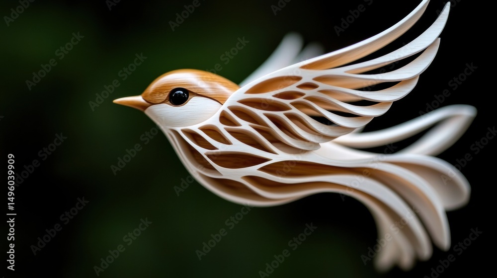 Obraz premium Wooden sculpture of a bird in mid-flight with detailed wings
