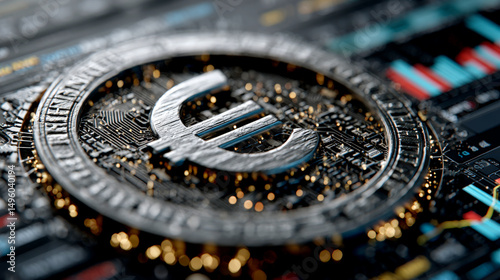 Digital euro symbol embedded in futuristic circuit with financial data and glowing technology background