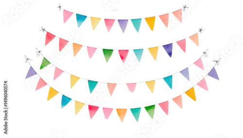 Banderines de cumpleaños estilo acuarela, aislada sobre fondo transparente. PNG.