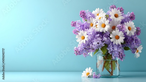   A vase filled with purple and white flowers sits atop a light-blue table, positioned against a blue wall backdrop