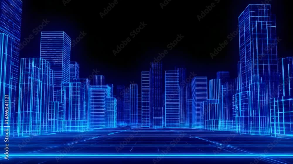 an abstract cityscape with blue wireframe structures, representing a futuristic metropolis against a dark sky. The city appears to be glowing with a network of connections and data
