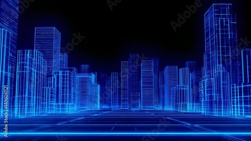 Wallpaper Mural an abstract cityscape with blue wireframe structures, representing a futuristic metropolis against a dark sky. The city appears to be glowing with a network of connections and data Torontodigital.ca