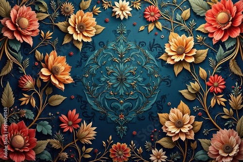 Intricate floral damask, elegant gold accents, design, backdrop, damask