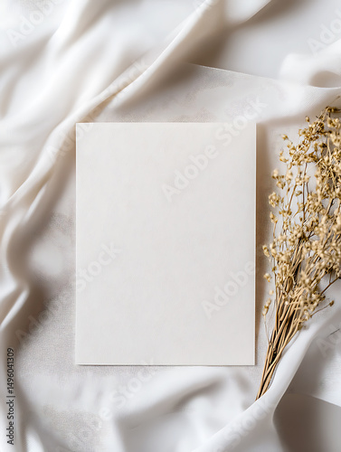 wedding Invitation card mockup, blank wedding save the date template with minimal flowers and mesh cloth with natural elements and plant, warm colors, 5x7 inches, thank you, happy birthday