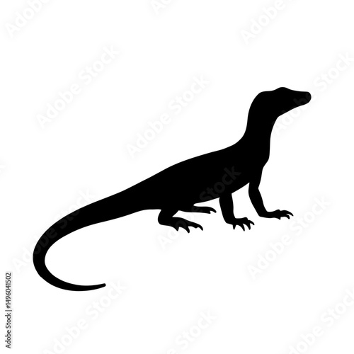 Minimalist black silhouette of a monitor lizard on white background
