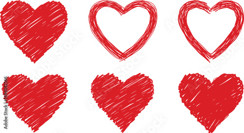 Red crayon heart collection with textured effect - vector hand drawn romantic shapes in sketchy style showing different strokes and filling patterns.