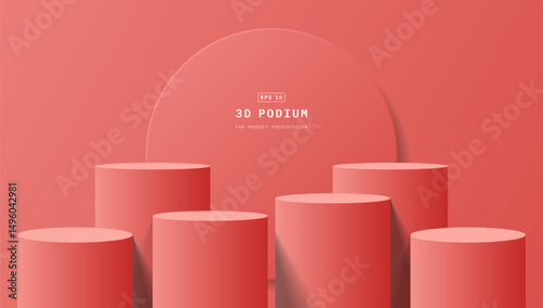 Empty room with six steps red 3d cylinder podium pedestal or product display stand with round circle background. Minimal wall scene for mockup.3d vector geometric platform design. 3d vector rendering