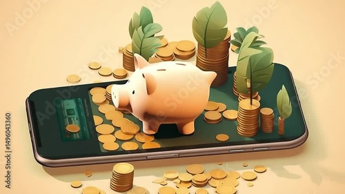 A digital landscape showcases a smartphone brimming with golden coins and a charming piggy bank. The vibrant display emphasizes modern finance and the importance of saving in our tech-driven world