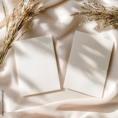 a beige scarf, a small green branch, bright warm colors, overall balance is delicately arranged, in the center are 2 blank cards for wedding Invitation card mockup
