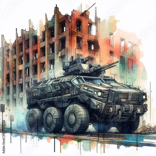 Watercolor MRAP in Ruined City. AI generated illustration photo