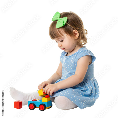 Adorable toddler girl playing with colorful blocks isolated on transparent background