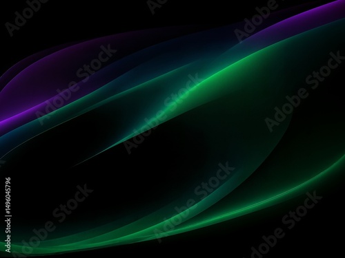 Abstrakte Lichtwellen in Grün, Blau und Violett auf schwarzem Hintergrund mit weichen Kurvenverläufen und transluzenter Optik