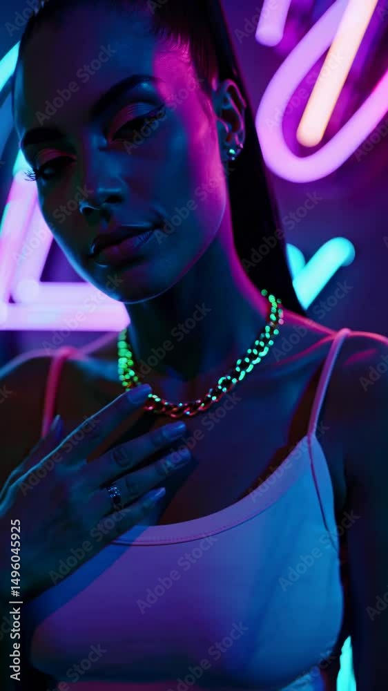 Portrait stylisé d’une femme sous lumière bleue et rose à Miami

