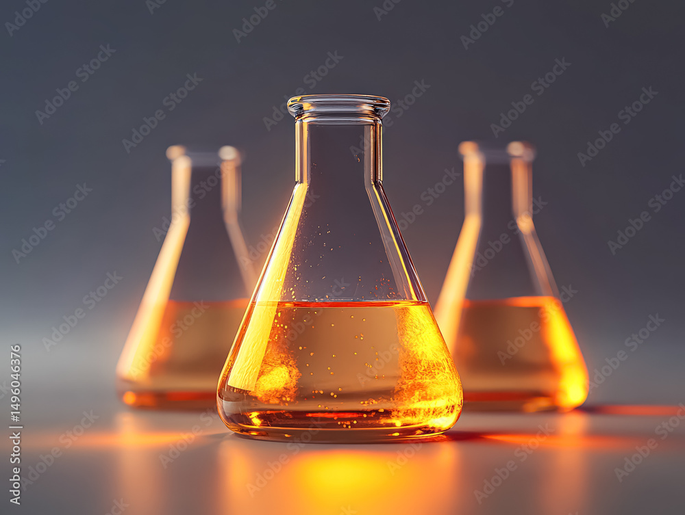 Three glass beakers filled with a yellow liquid Three glass beakers filled with a yellow liquid