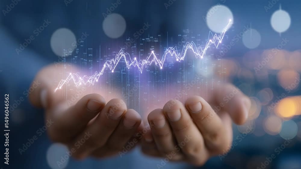 Futuristic workspace with holographic stock market growth Futuristic workspace with holographic stock market growth