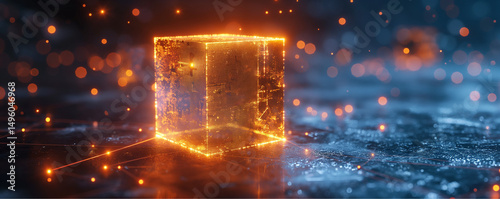 Radiant orange cube glows on icy tech surface. Futuristic holographic grid emits digital light. Perfect for AI, blockchain, or data visualization concepts.