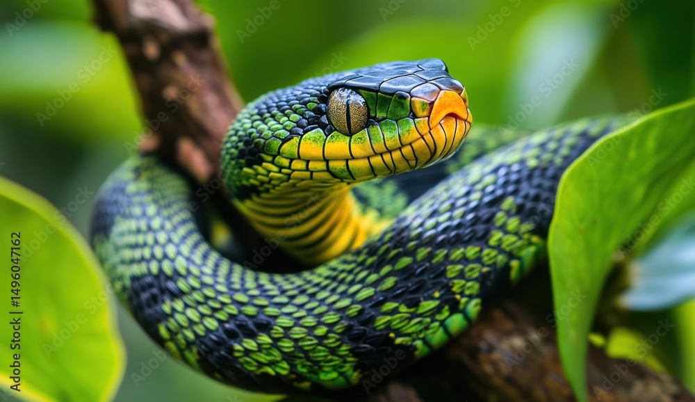 Fototapeta premium Magnificent Green Viper in Lush Rainforest