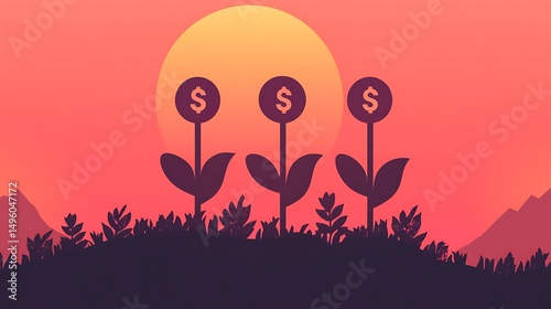 Money flowers sunset landscape.