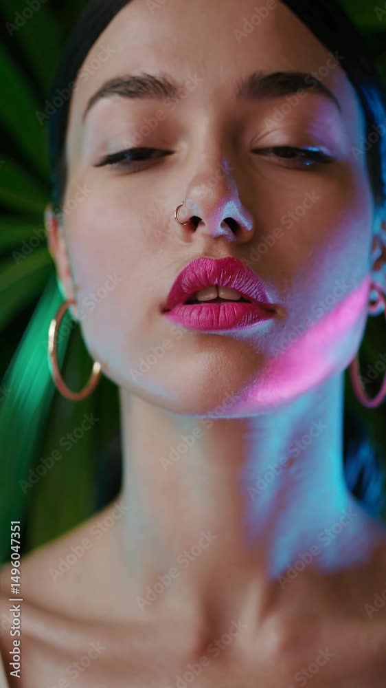 Portrait de femme avec lumière néon sur fond tropical à Miami

