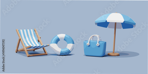 Summer sea beach vacation and swimming pool relax 3d render icons set. Summertime seashore trip and travel design elements