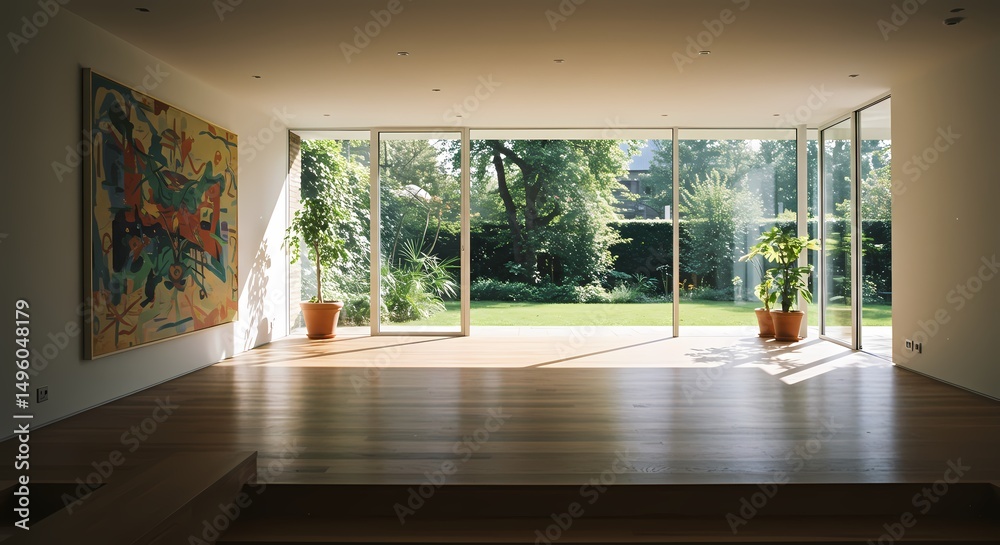Fototapeta premium Bright and empty modern house interior with a large window