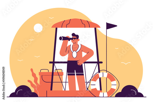 Lifeguard keeping watch on beach watching over swimmers vector illustration